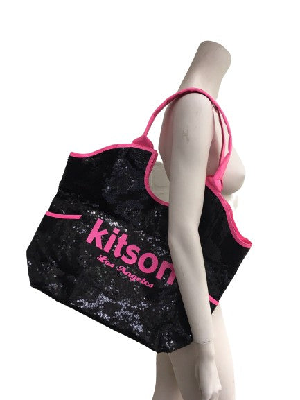 KITSON LOS ANGELES Sequin Beaded Large Tote Bag / Pink and Black Beach Bag Ladies