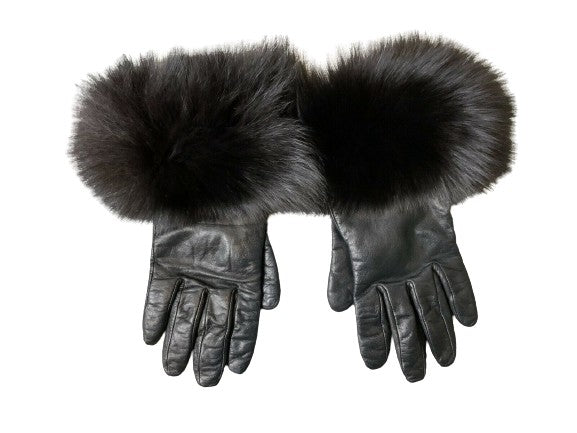 Leather Black Fox Fur Trim Cashmere Lining Short Gloves Size M Medium ladies