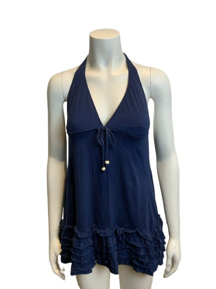 Ralph Lauren Navy Blue Cotton Halter Top Ruffles Hem Dress Cover Up Si   Afashionistastore