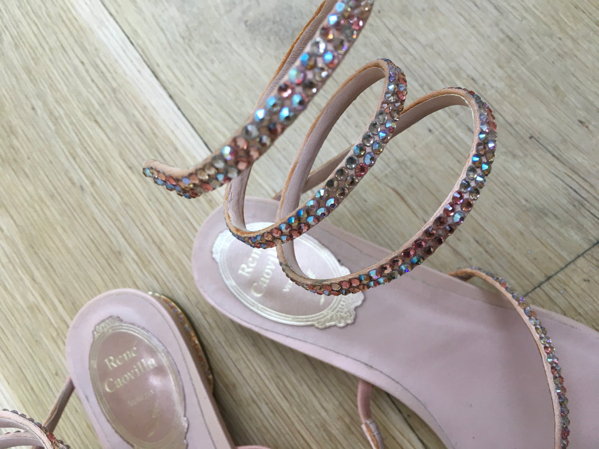 RENE CAOVILLA Swarovski JEWELED WRAP LEATHER SPIRAL SANDALS SHOES 36 UK 3 US 6 ladies