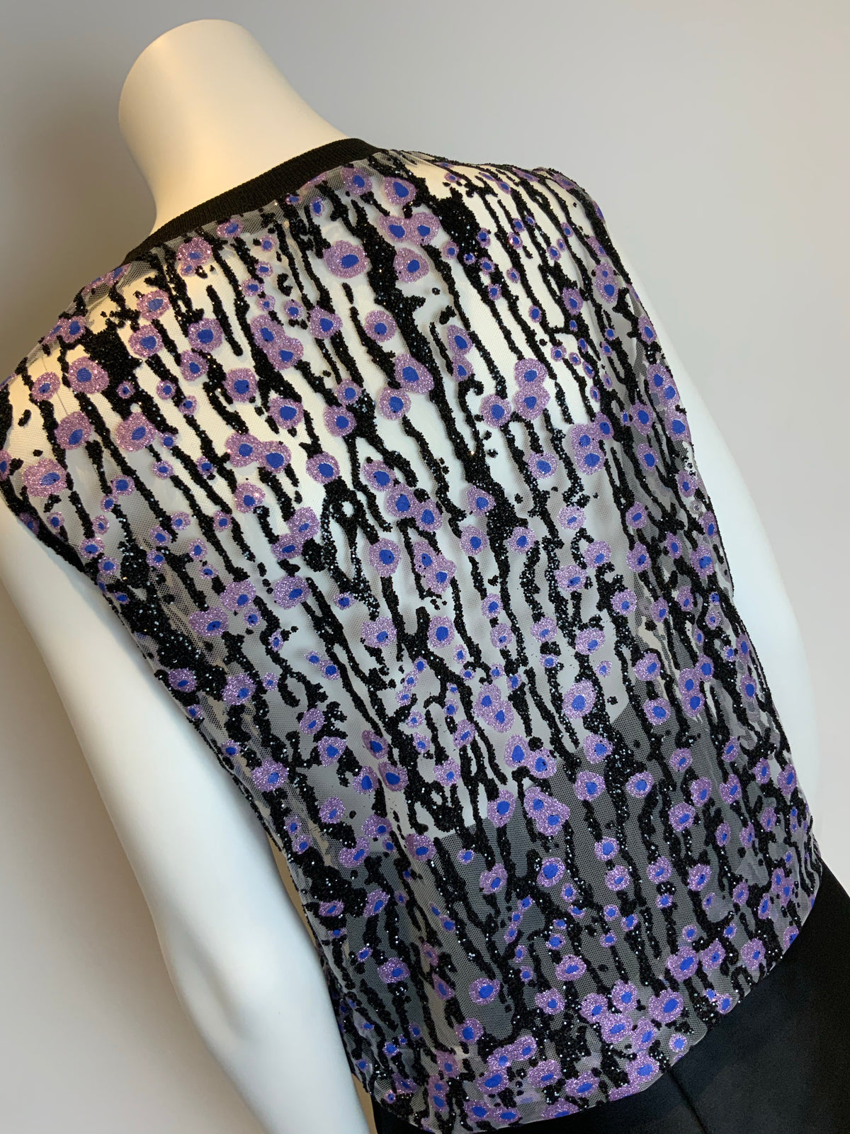Carven Women's Floral Top Glitter Silver/Black/Lilac SIZE F 36 US 4 UK 8 S SMALL ladies