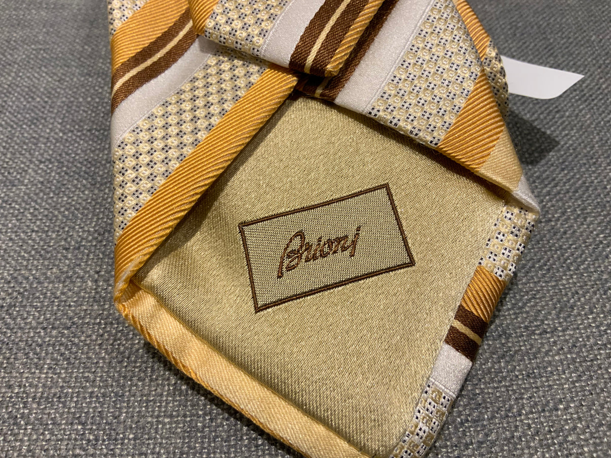 BRIONI Silk Striped Gold Yellow HANDMADE IN ITALY Mens Tie men