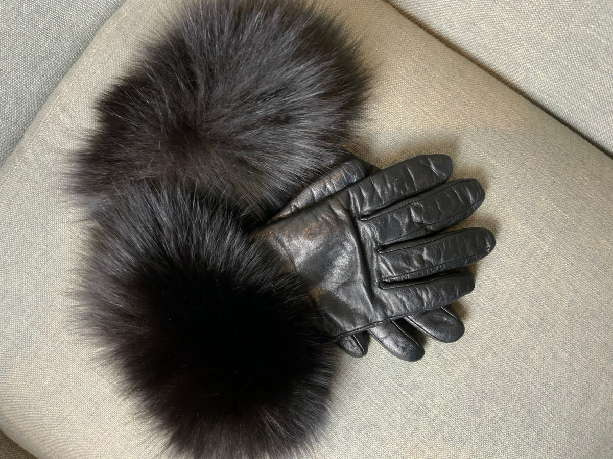 Leather Black Fox Fur Trim Cashmere Lining Short Gloves Size M Medium ladies