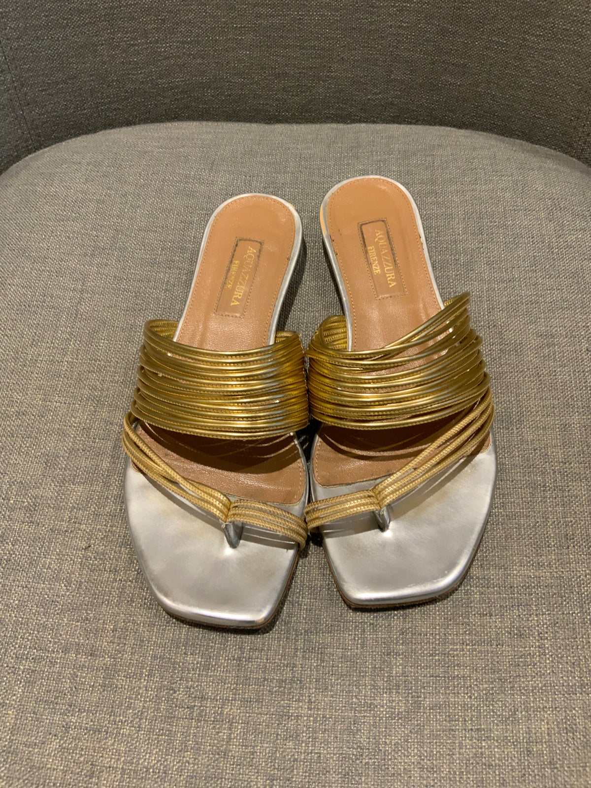 Aquazzura Gold Leather Flat Slippers Sandals Size 35 US 2 UK 5 ladies