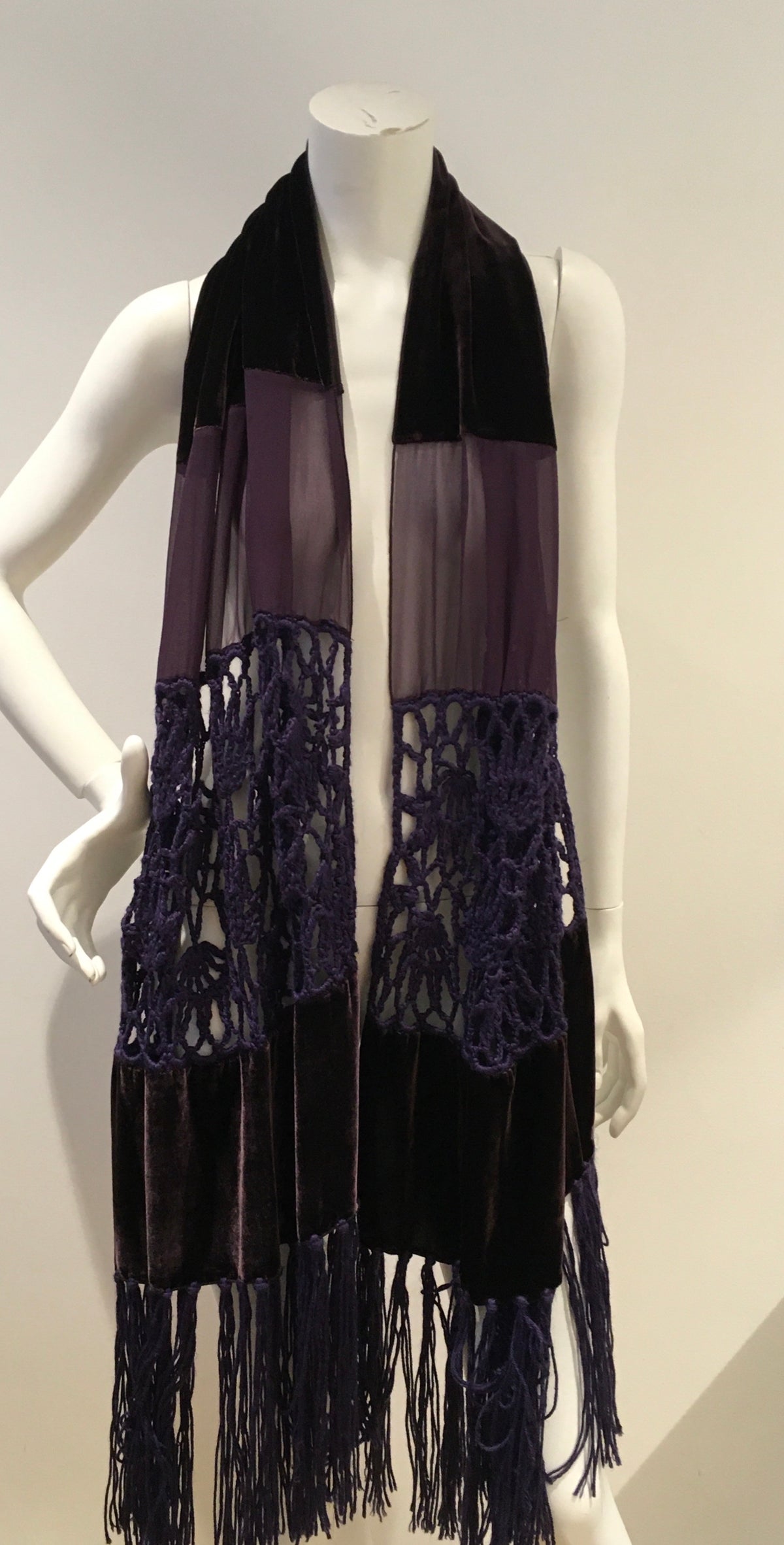 Giorgio Armani 1990's extra long velvet crochet and chiffon silk scarf shawl ladies
