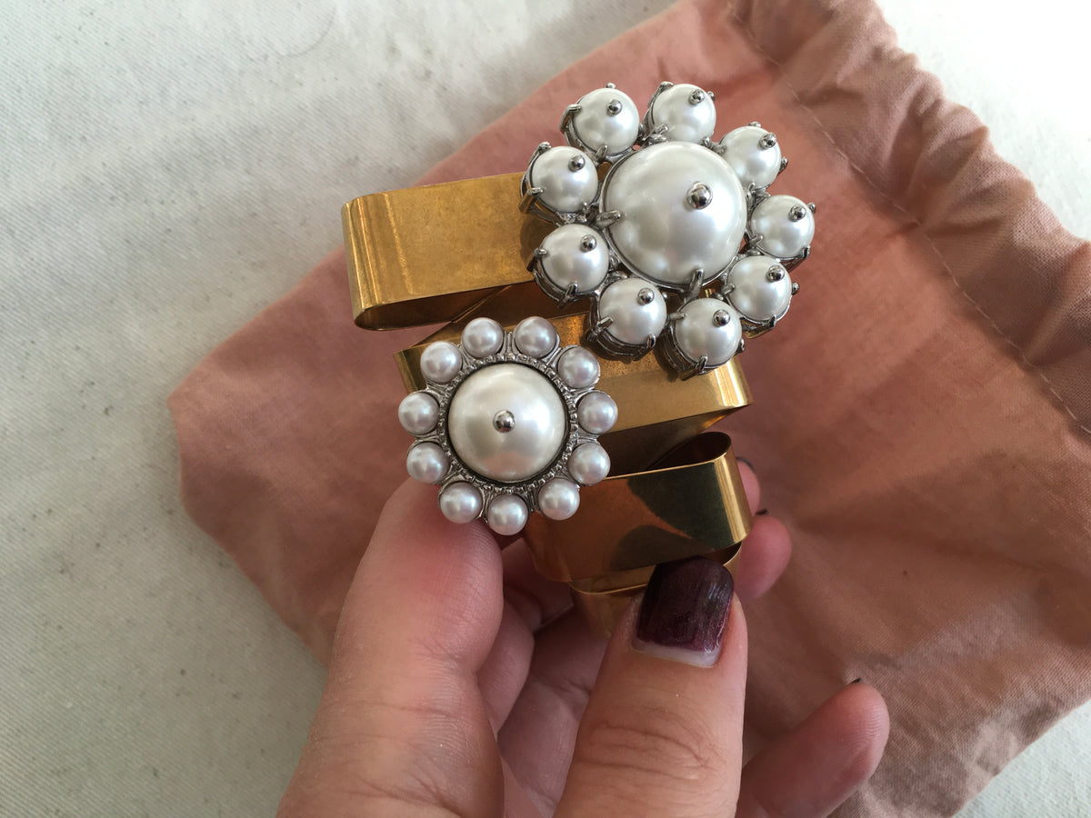 MIU MIU Faux Pearl Cuff Bangle Gold Tone Bracelet ladies