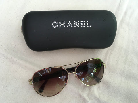 CHANEL, Accessories, Womens Chanel 495q Gold Brown Leather 61 13 135 3n Aviator  Sunglasses
