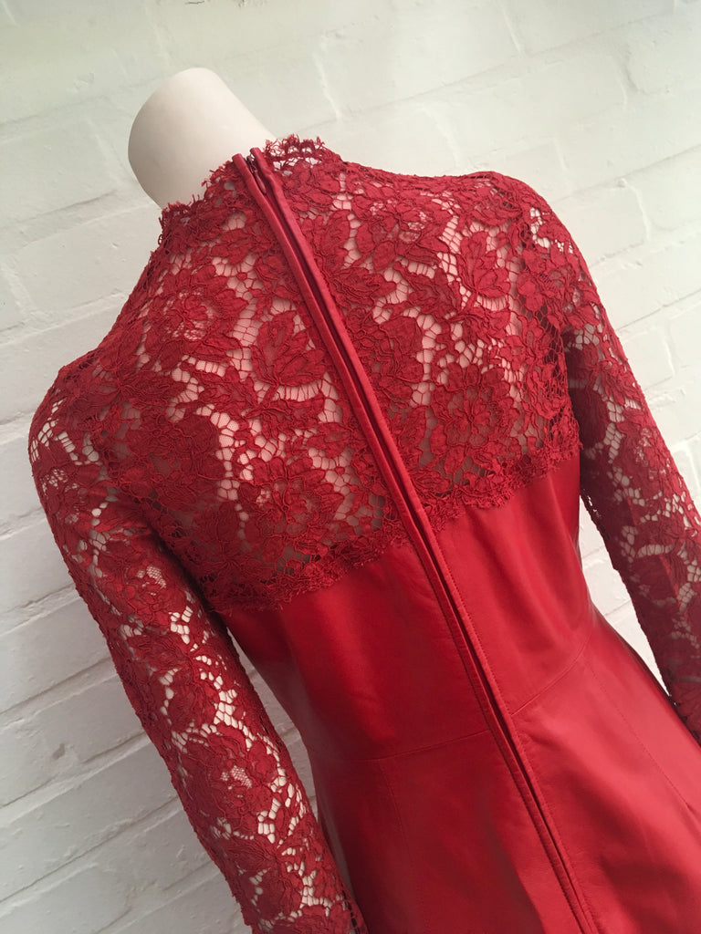 Valentino Lace-Yoke Leather Dress Rosso Red Ladies Afashionistastore Valentino Lace-Yoke Leather Dress Rosso Red Ladies Afashionistastore