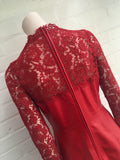 Valentino Lace-Yoke Leather Dress Rosso Red  Ladies