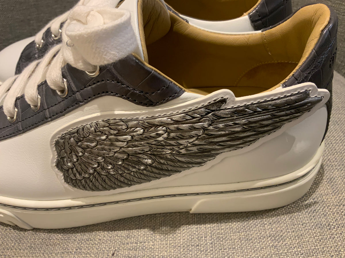 HERMÈS Calfskin Epsom Womens Velvet Sneakers 37 White Grey Crocodile Trim Shoes ladies