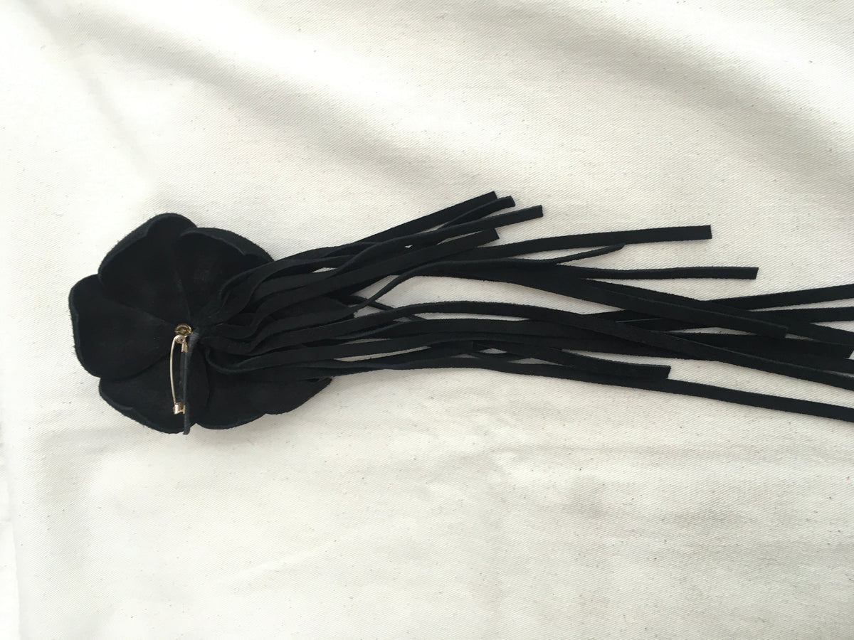 CHANEL CAMELLIA BLACK SUEDE LEATHER FLOWER FRINGE BROOCH PIN 2014 ladies