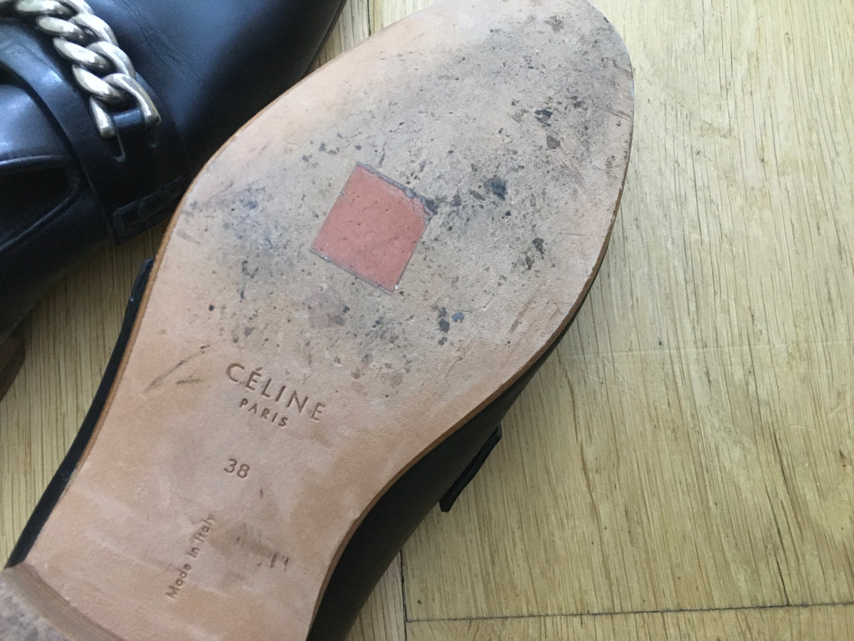 Céline Celine Phoebe Philo Black Chain-Link Leather Loafers Shoes 38  ladies