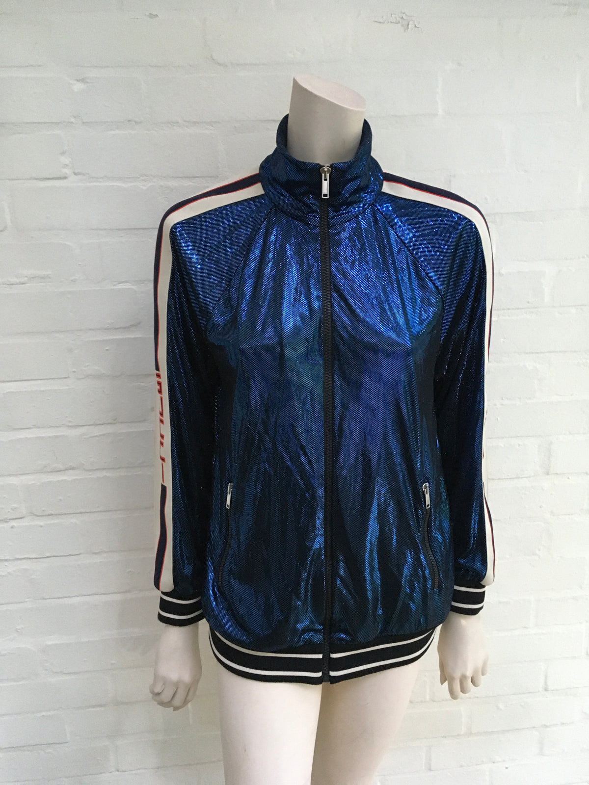 GUCCI 2019 Metallic Blue Lamé Logo Track Jacket Ladies