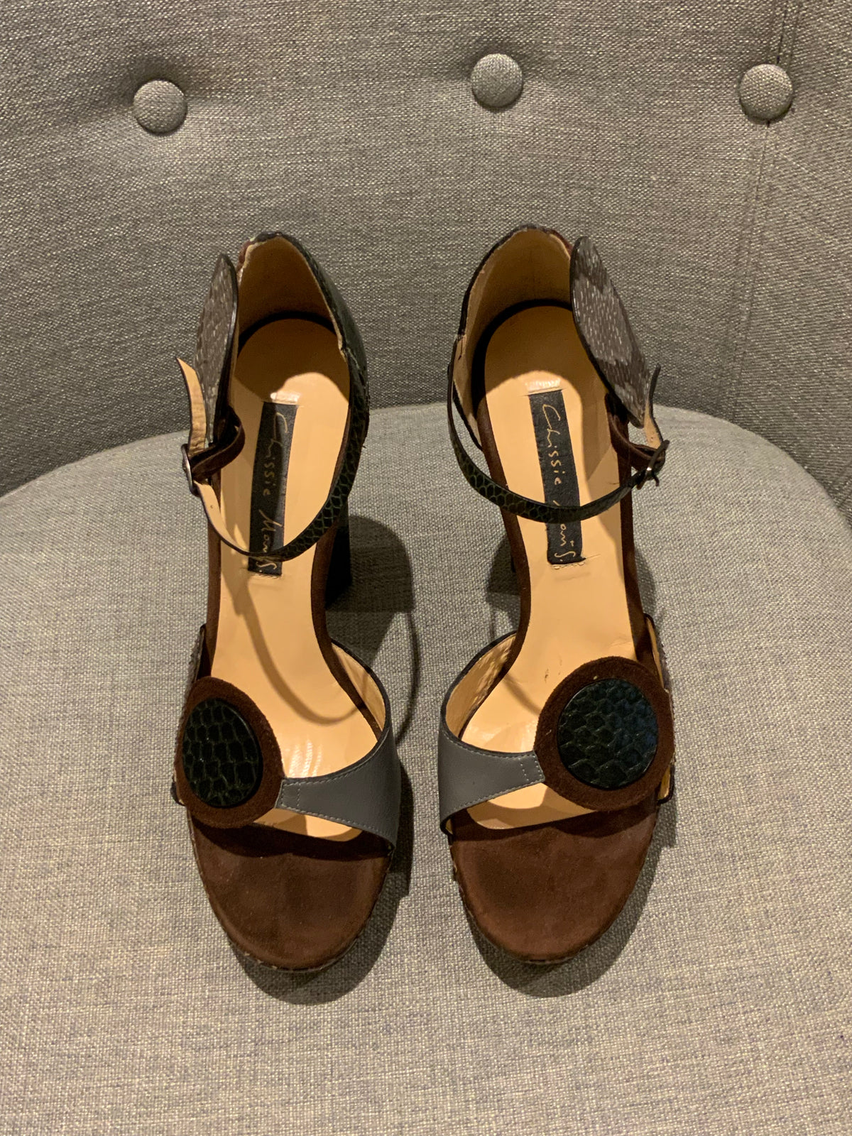 $1275 Chrissie Morris Heels Snakeskin Sandals 37 UK 4 US 7 ladies
