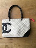 CHANEL Calfskin Quilted Large Cambon Tote White Black Bag Handbag ladies