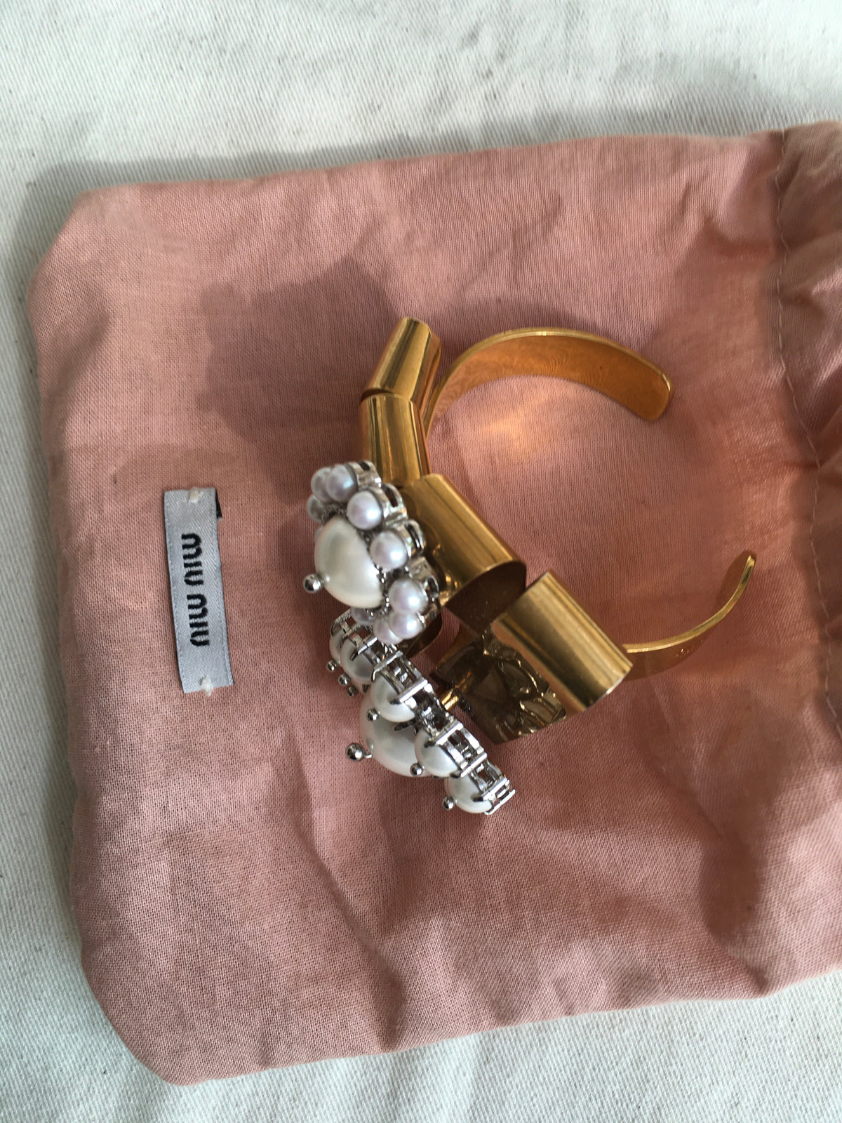 MIU MIU Faux Pearl Cuff Bangle Gold Tone Bracelet ladies