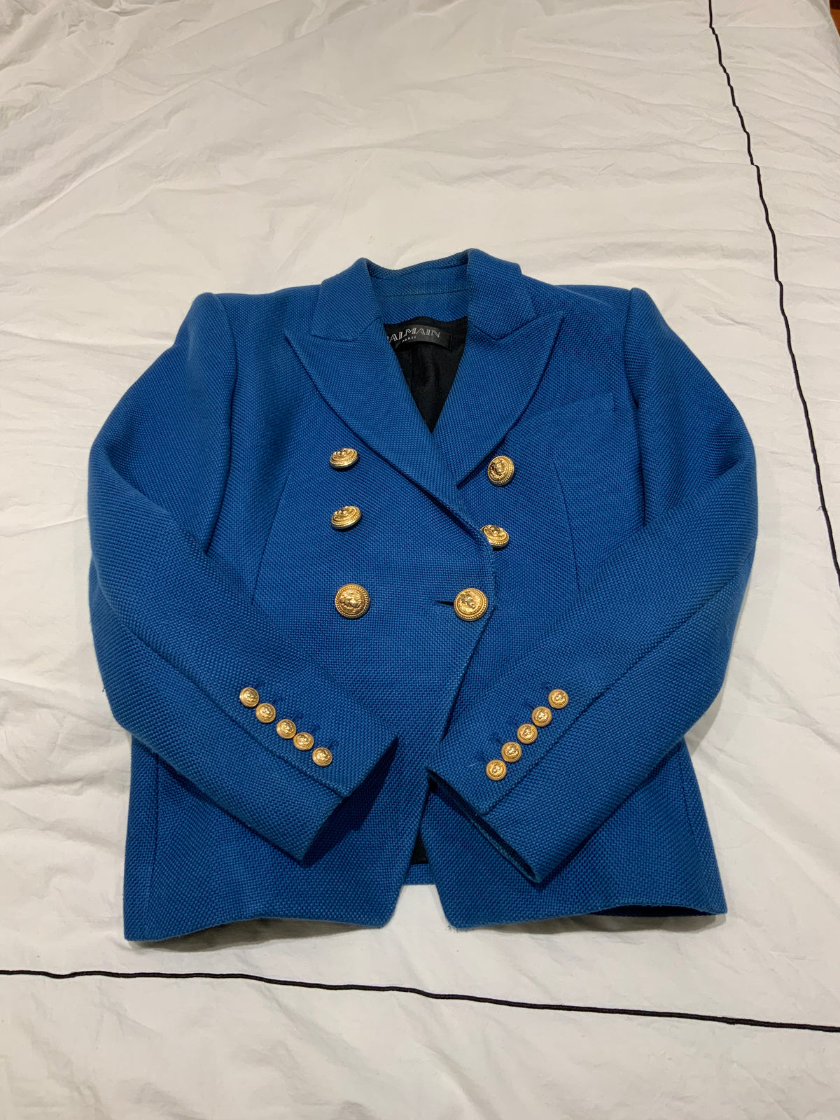 Balmain double breasted tweed blue blazer jacket F 42 UK 14 US10 ladies