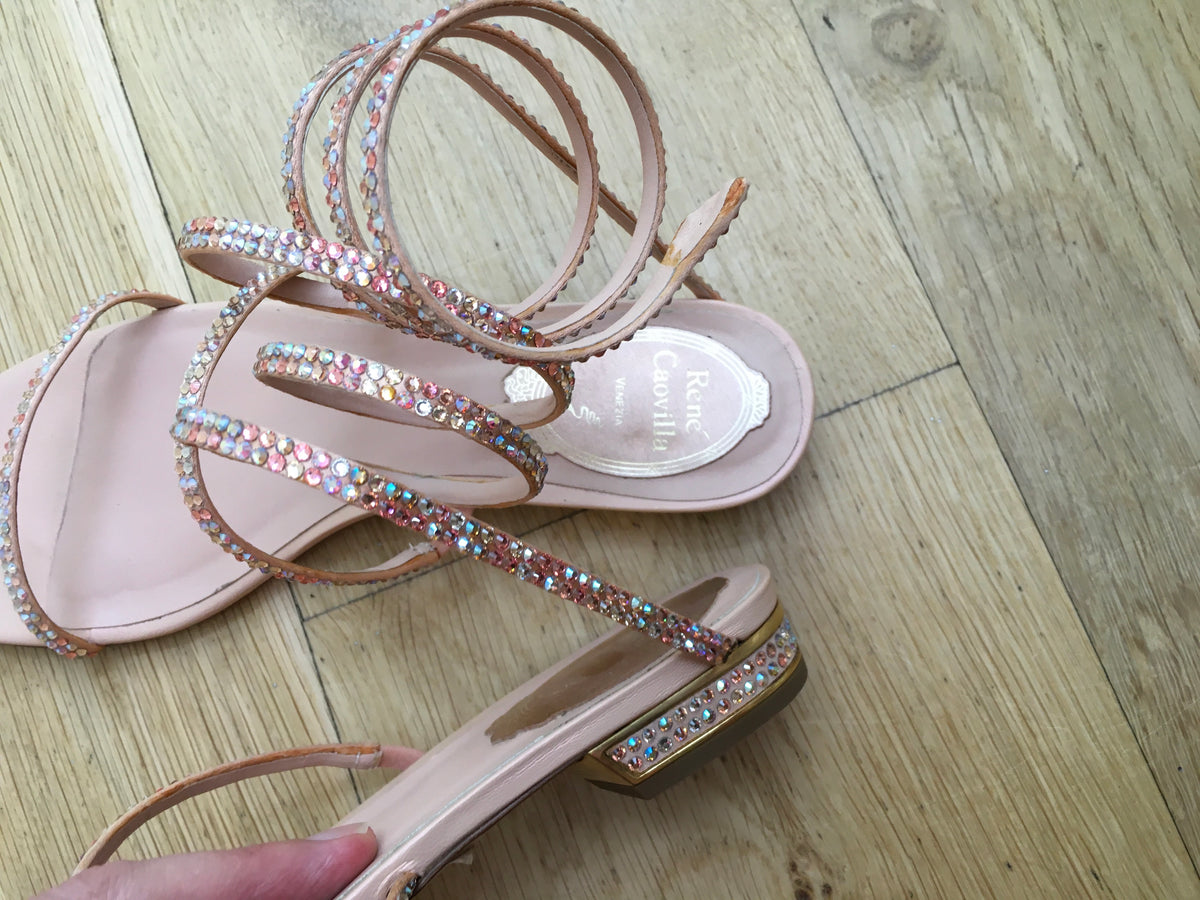 RENE CAOVILLA Swarovski JEWELED WRAP LEATHER SPIRAL SANDALS SHOES 36 UK 3 US 6 ladies