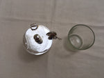 LOVELY ANTIQUE SILVER PLATED AND GLASS POT AND SPOON