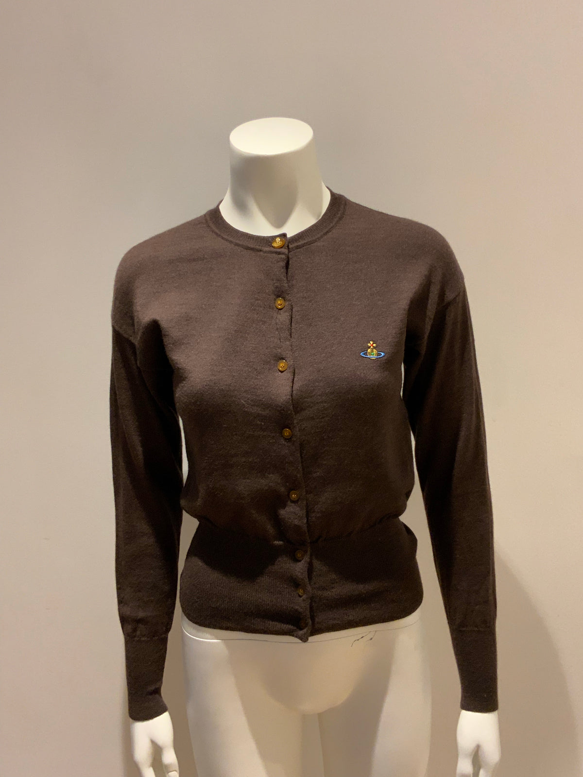 VIVIENNE WESTWOOD Brown Bea Knit Wool Embroidered Logo Cardigan SIZE S small ladies