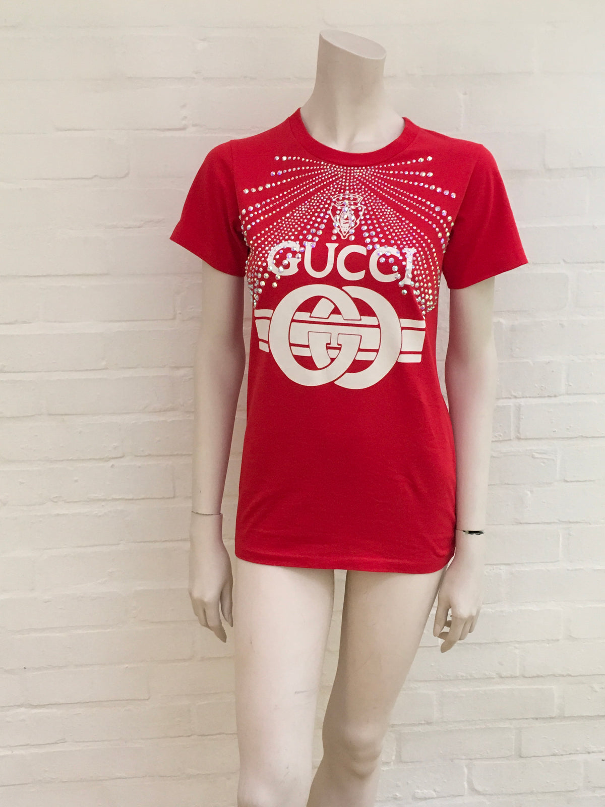 Gucci Red Swarovski Crystal-Embellished Printed T-Shirt Ladies