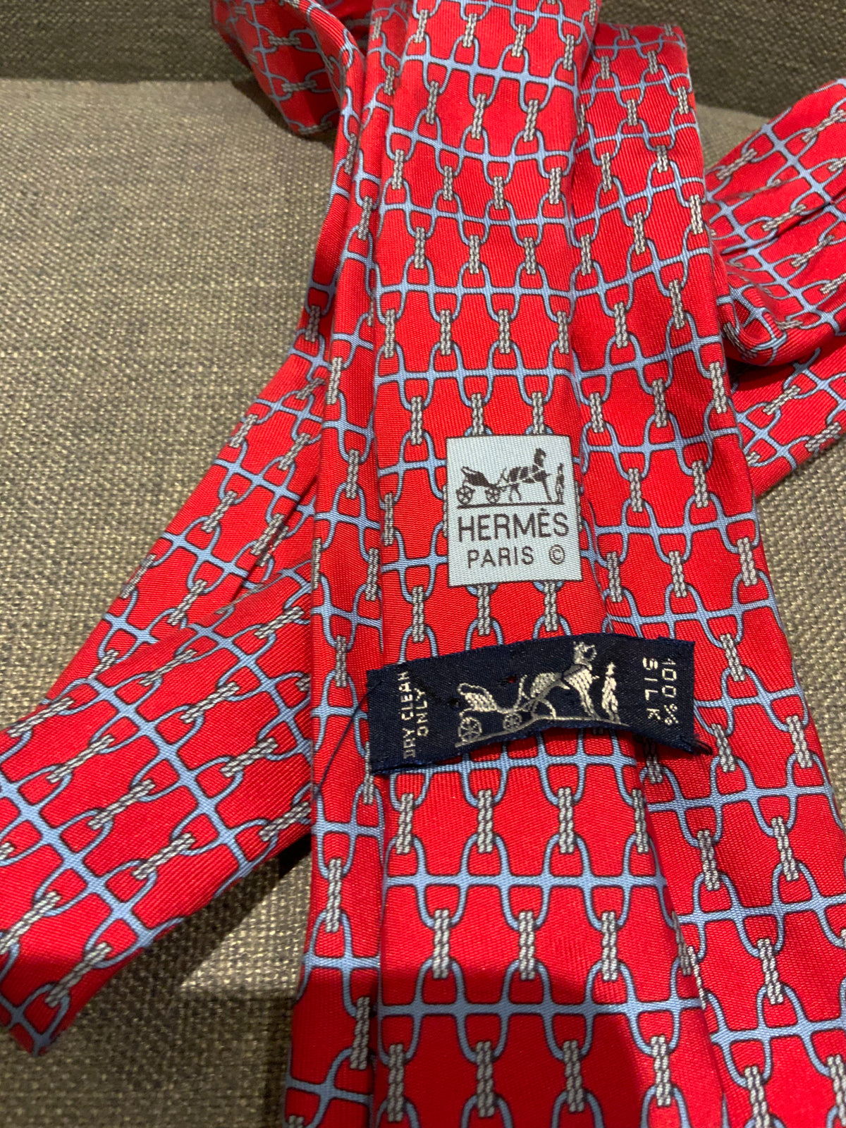 Hermès HERMES Paris 5260 SA 5-Fold Pink Grey Stirrup Rope Print Silk Neck Tie men