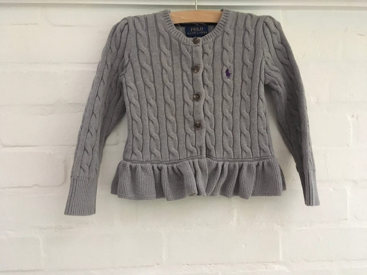 RALPH LAUREN Polo Girls' Ruffled Rib Knit Cardigan Cable Sweater Jumper 4 years Children