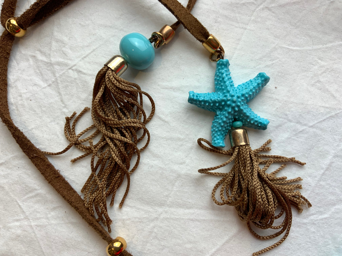 Brown Suede Blue Beaded Stone Star Pendant Chain Necklace ladies