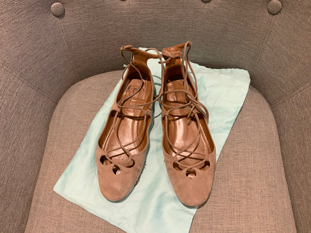 Aquazzura Dance Beige Suede Leather Flats Shoes Size 35 US 2 UK 5 ladies