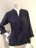 SANDRO Paris Navy Blue Eureka Leather Pocket Silk Blouse Size 1 S Small ladies
