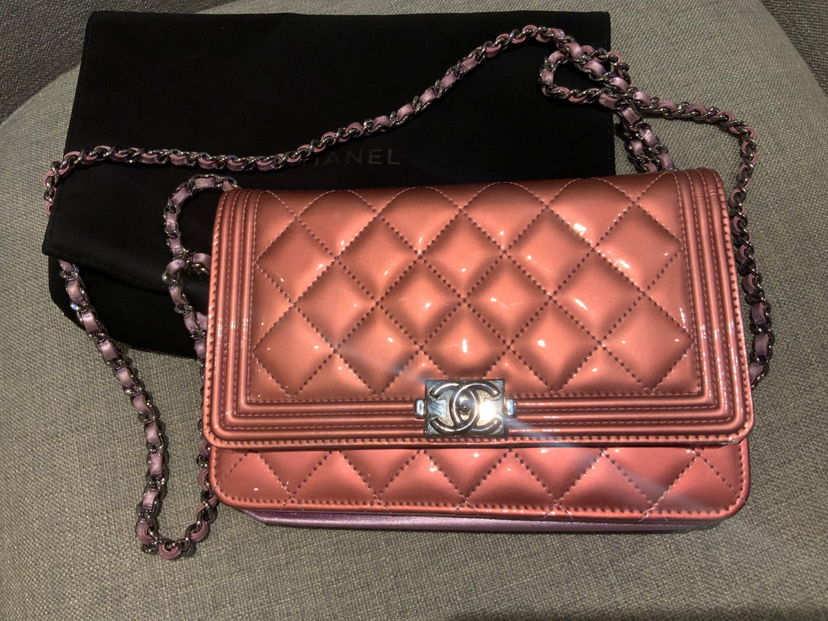 CHANEL Metallic Pink Quilted Patent Leather Boy Flap Bag WOC Wallet on Chain ladies