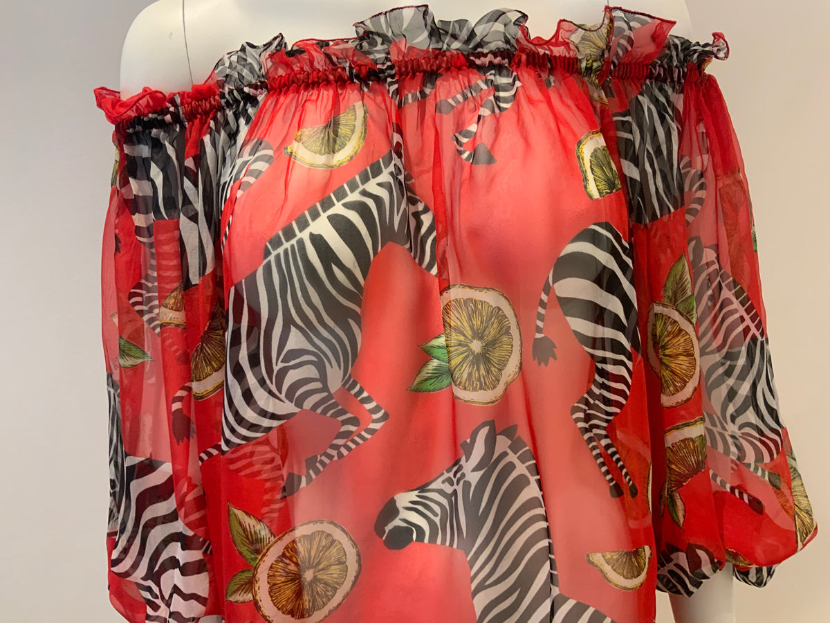 Dolce & Gabbana Red Zebra Print Silk Off Shoulder Blouse Size I 44 UK 12 US 8 ladies