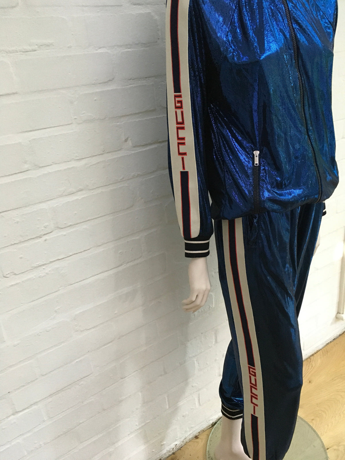 GUCCI 2019 Metallic Blue Lamé Logo Track Jacket Ladies