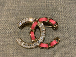 Chanel Lambskin Crystal Chain CC Brooch Pink Leather Gold ladies