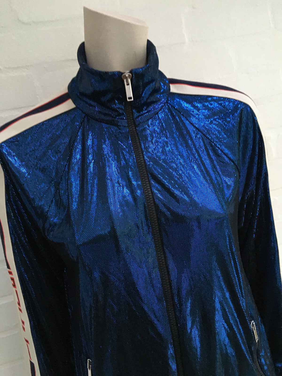 GUCCI 2019 Metallic Blue Lamé Logo Track Jacket Ladies