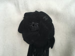 CHANEL CAMELLIA BLACK SUEDE LEATHER FLOWER FRINGE BROOCH PIN 2014 ladies