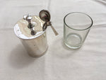 LOVELY ANTIQUE SILVER PLATED AND GLASS POT AND SPOON