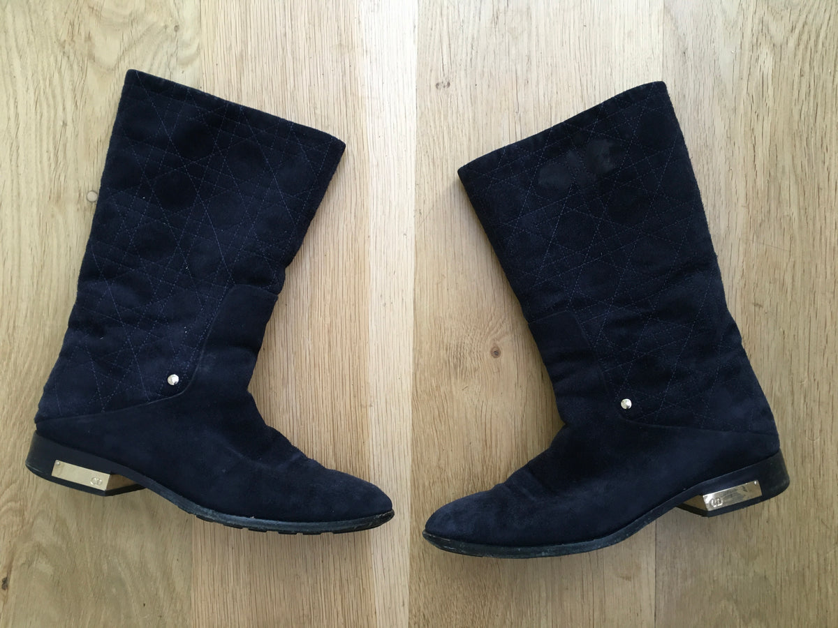 DIOR Navy Suede Leather Shearling Fur Cannage Flat Boots Size 36 UK 3 US 6 ladies
