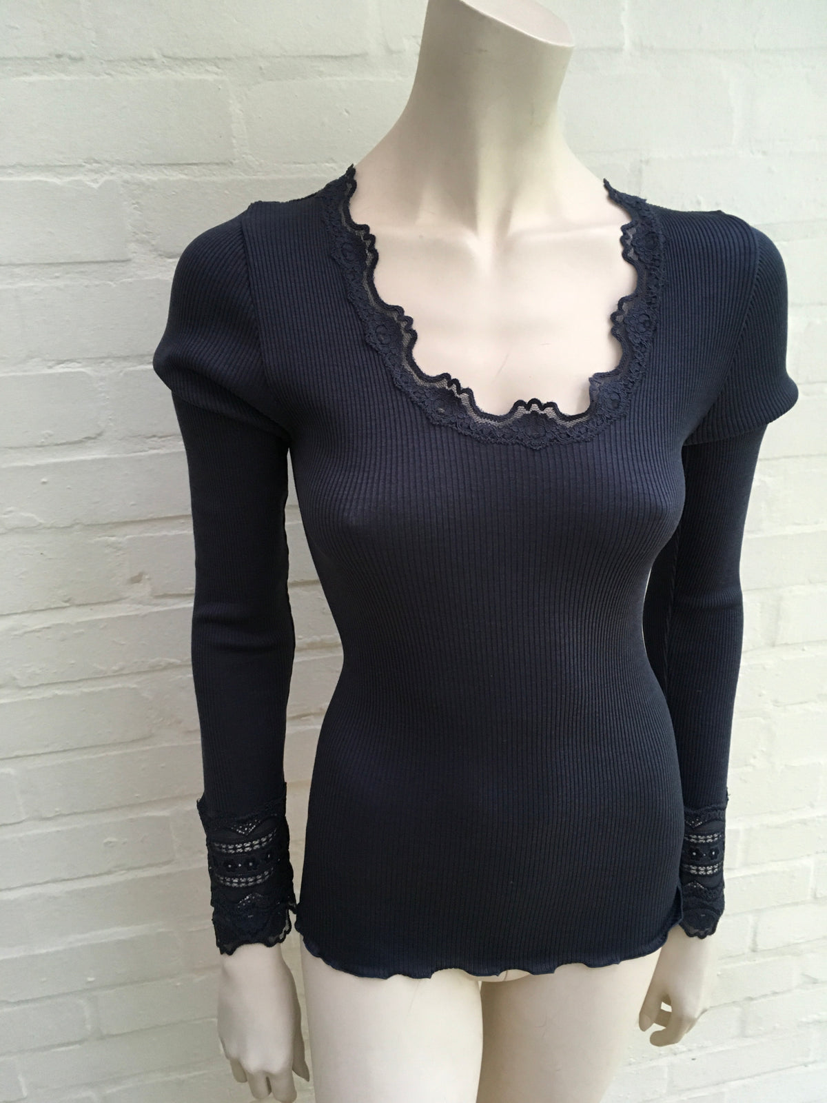 Rosemunde Copenhagen Silk Cotton Long Sleeve Lace Top - Navy Size L Large Ladies