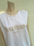 BALMAIN White Button-embellished printed Sleeveless Top T-shirt Ladies