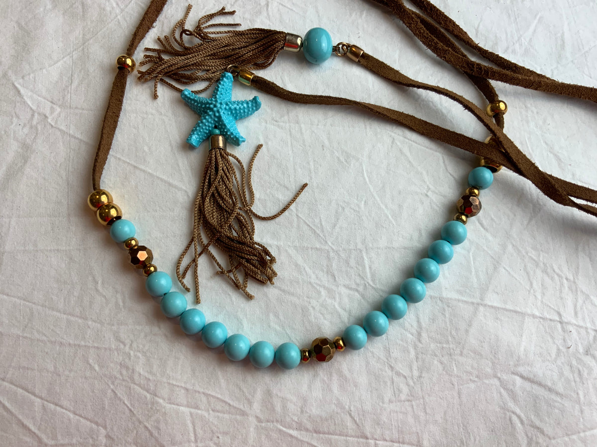Brown Suede Blue Beaded Stone Star Pendant Chain Necklace ladies