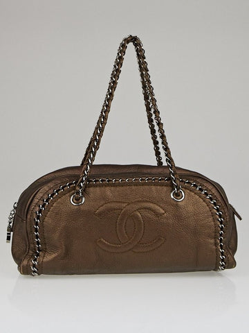 CHANEL Deerskin Luxe Ligne Medium Bowler Tote Metallic Khaki Handbag Bag Ladies