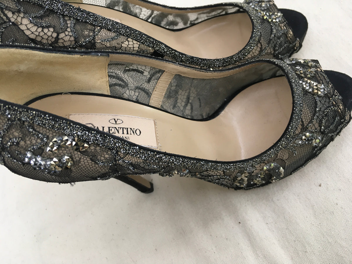 Valentino Women's Black Crystal Lace Platform Pump Shoes Size 36 UK 3 US 6 ladies