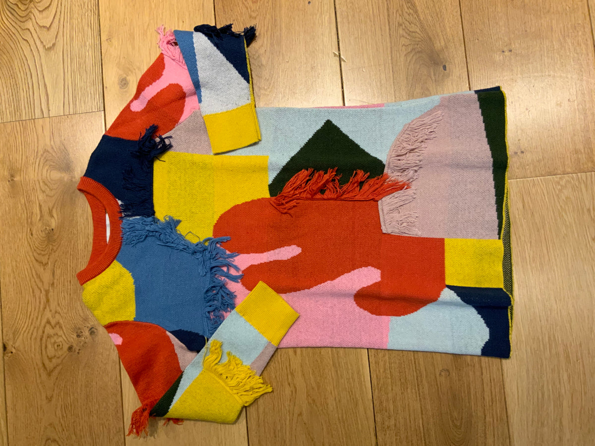 Stella McCartney KIDS COLOR BLOCK & FRINGES COTTON WOOL KNIT Dress SIZE 8 years children