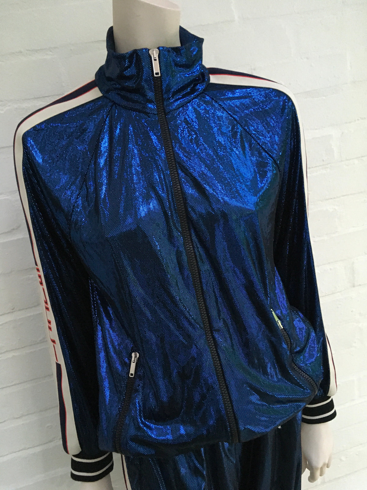 GUCCI 2019 Metallic Blue Lamé Logo Track Jacket Ladies