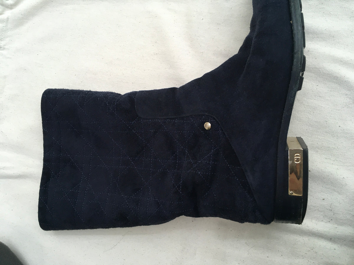 DIOR Navy Suede Leather Shearling Fur Cannage Flat Boots Size 36 UK 3 US 6 ladies