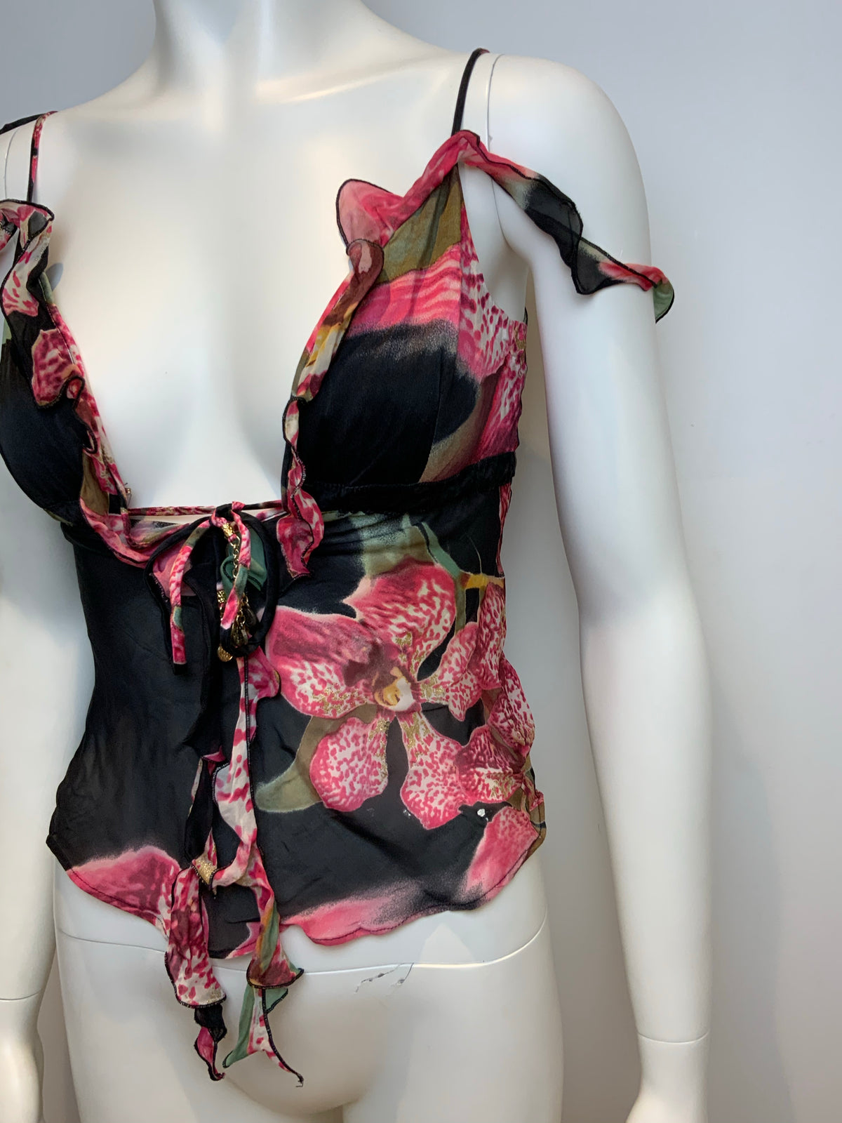 ROBERTO CAVALLI 2004 Floral Printed silk-chiffon tank top Size XS ladies