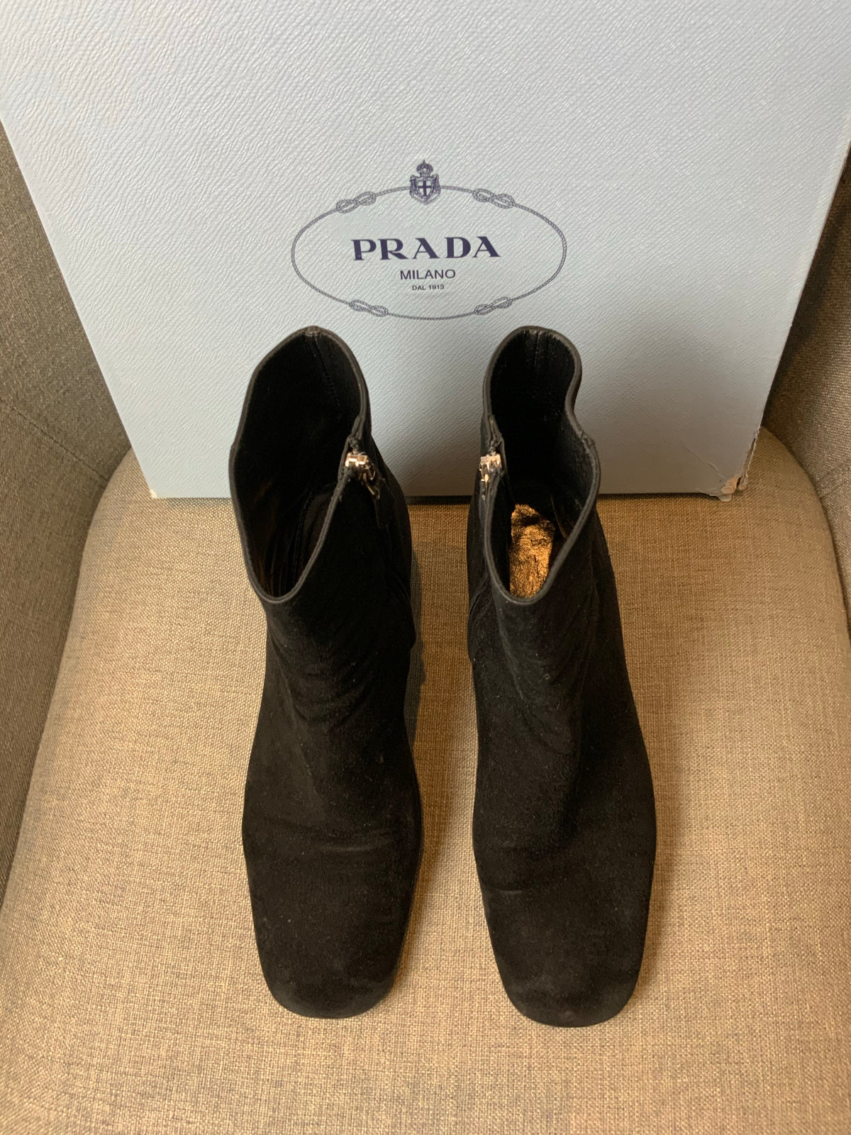 Prada Suede Ankle Booties Short High Heel Boots Size 38.5 US 8.5 UK 5.5 ladies