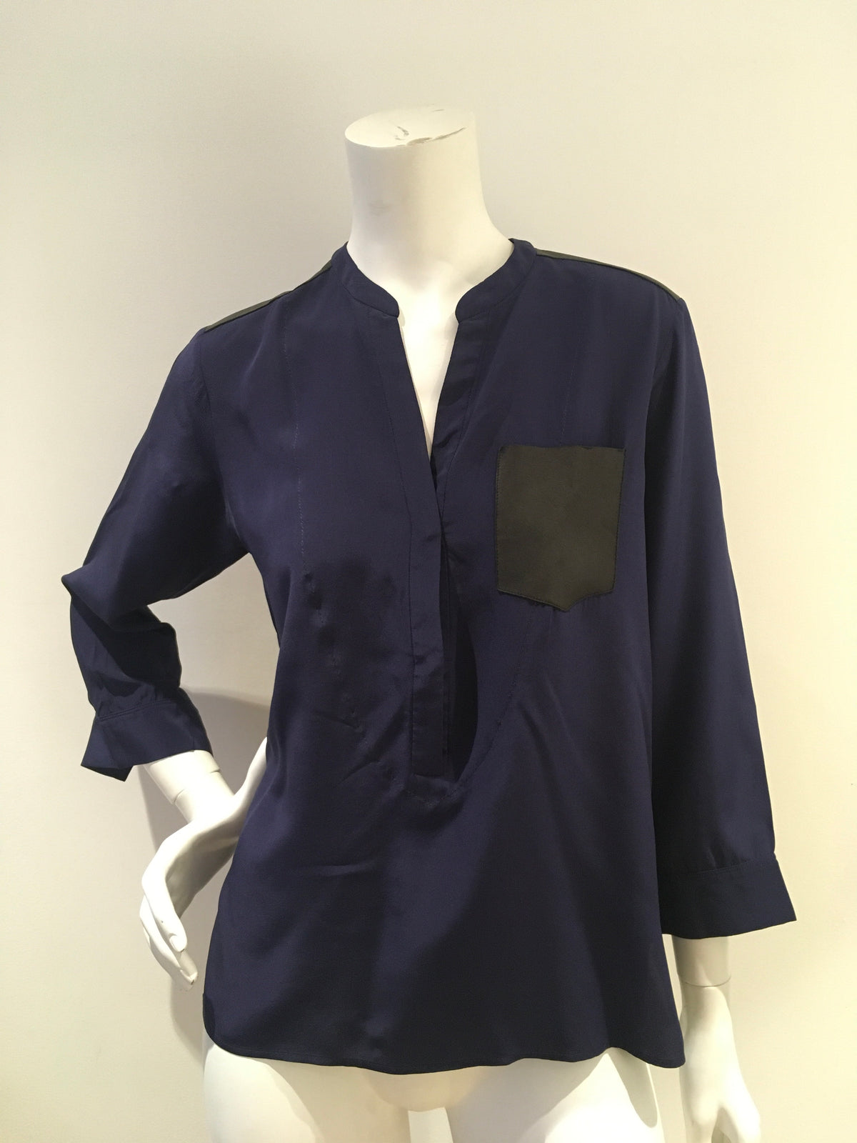 SANDRO Paris Navy Blue Eureka Leather Pocket Silk Blouse Size 1 S Small ladies