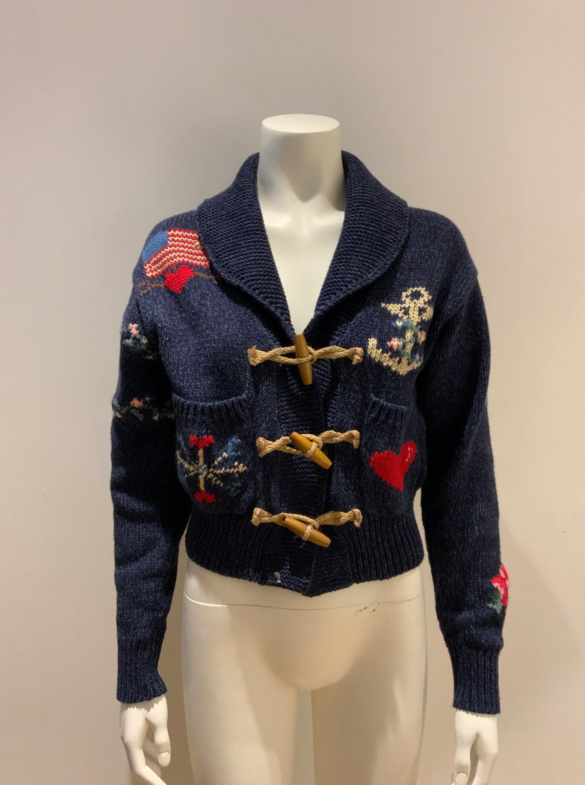Polo Ralph Lauren Intarsia Knit Graphic Logo Cardigan Toggle Sweater Sz S small ladies